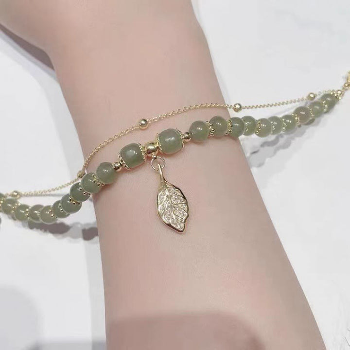 Buddha Stones Jade Leaf Ginkgo Tulip Peanut Fu Character Luck Beaded Bracelet - image 6