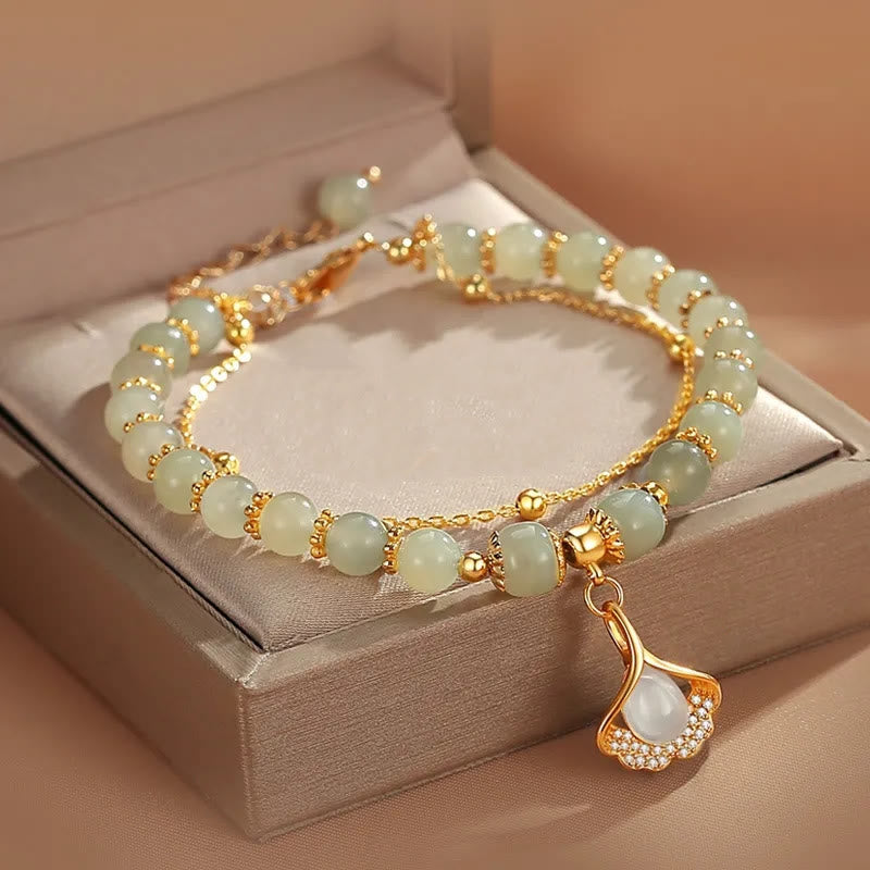 Buddha Stones Jade Leaf Ginkgo Tulip Peanut Fu Character Luck Beaded Bracelet - image 4