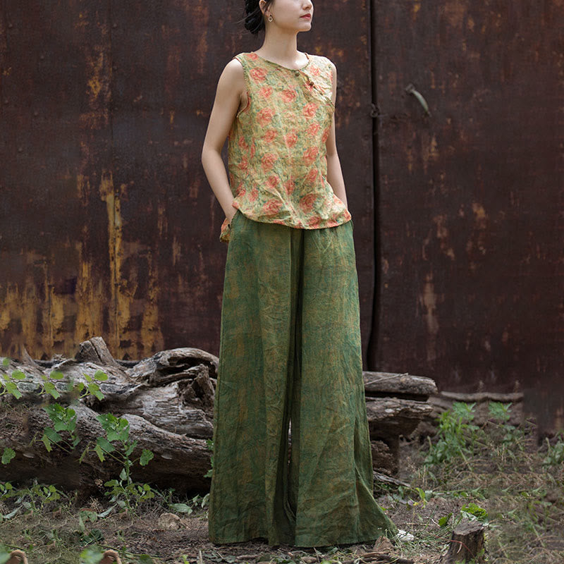 Buddha Stones Green Yellow Ramie Linen Flexible Waistband Wide Leg Pants With Pockets