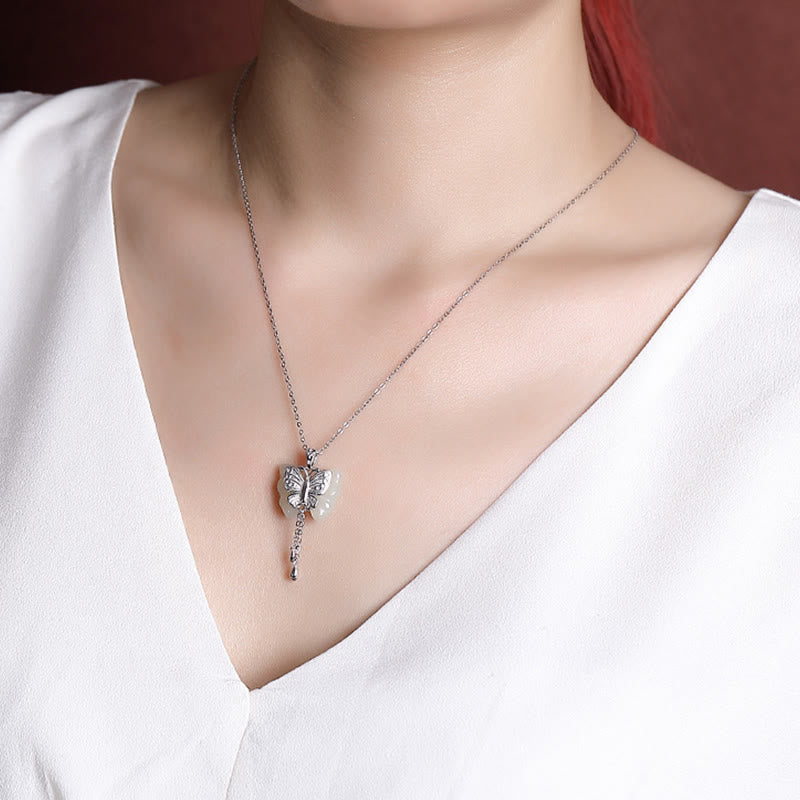 Buddha Stones 925 Sterling Silver Plated Gold Hetian White Jade Butterfly Blessing Necklace Pendant - image 11
