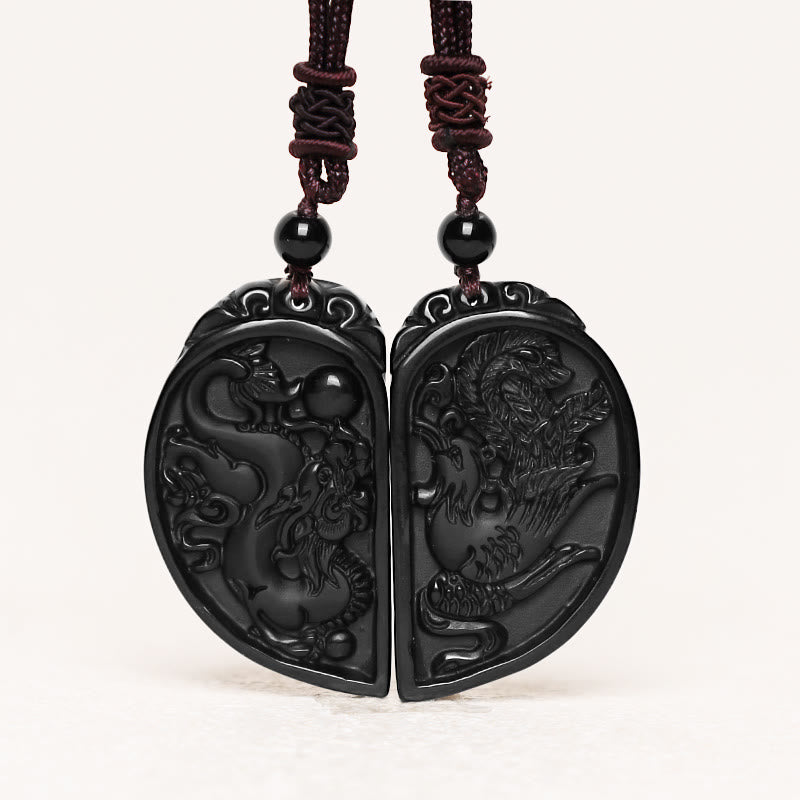 Buddha Stones Black Obsidian Love Dragon Phoenix Protection Necklace Pendant - image 2