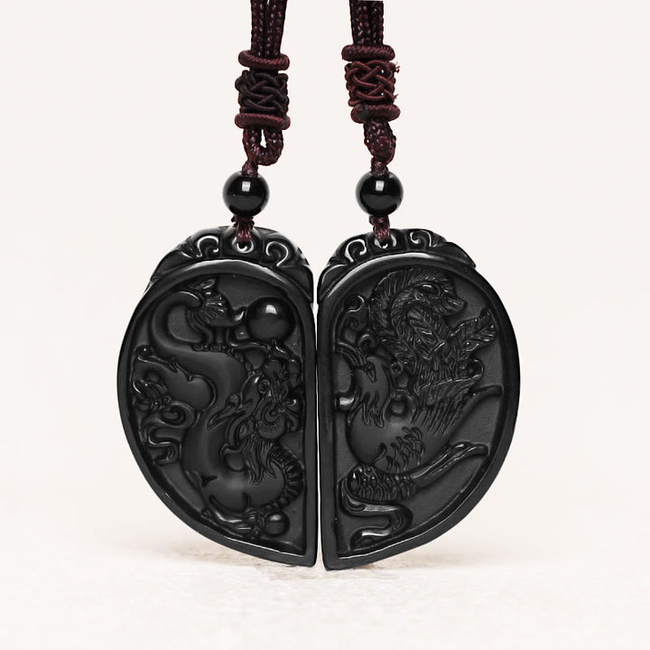 Buddha Stones Black Obsidian Love Dragon Phoenix Protection Necklace Pendant - image 2