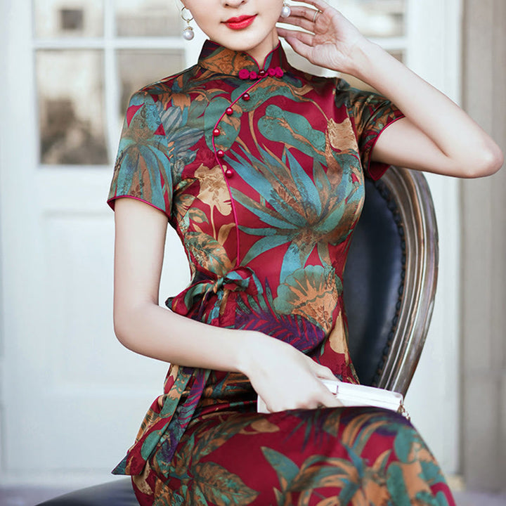 Buddha Stones Silk Qipao Dress Retro Flower Leaf Pattern Women's Cheongsam Dress