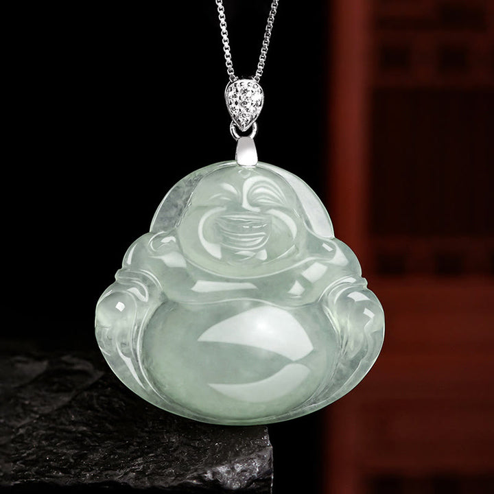 Buddha Stones Natural Jade Laughing Buddha Prosperity Abundance Titanium Steel Chain Necklace Pendant - Laughing Buddha(Happiness♥Wealth) - image 0