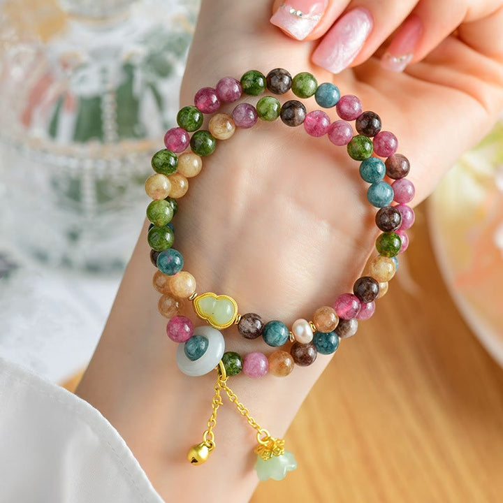 Buddha Stones Multicolored Tourmaline Gourd Wisdom Double Wrap Lily Of The Valley Charm Bracelet