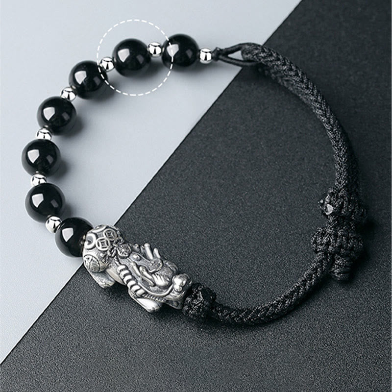 Buddha Stones 999 Sterling Silver FengShui PiXiu Natural Black Obsidian 925 Sterling Silver Bead Strength Bracelet - image 9