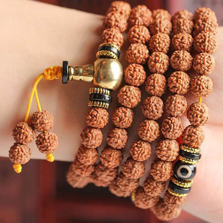 Buddha Stones 108 Mala Beads Rudraksha Bodhi Seed Dzi Bead Luck Wealth Bracelet