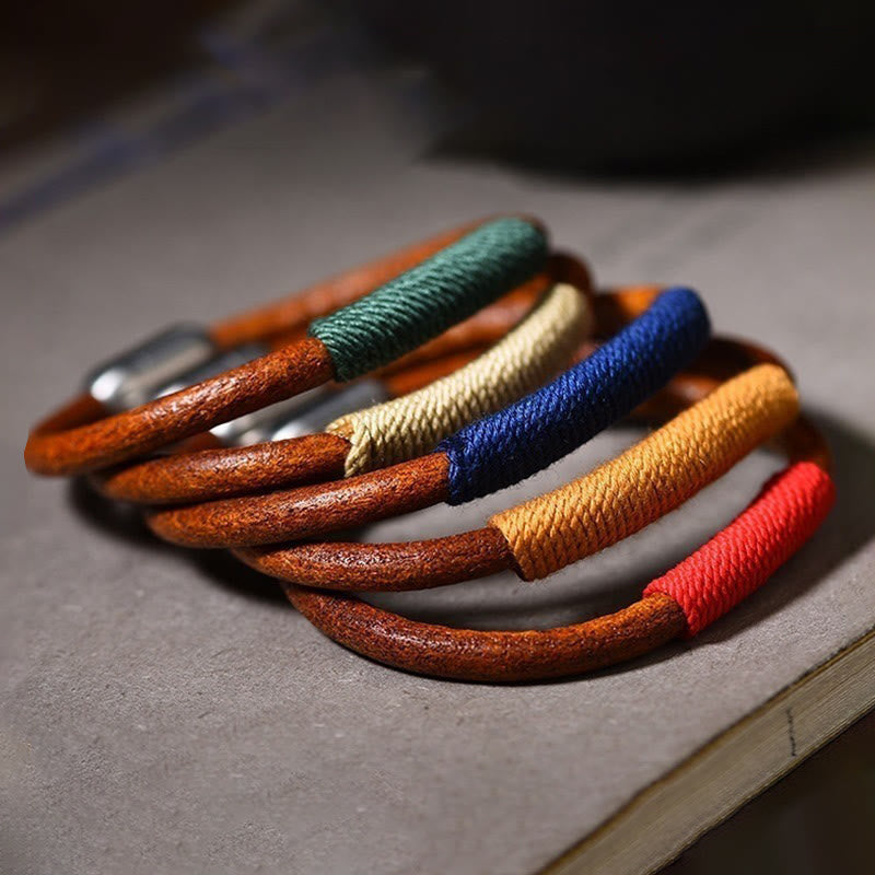 Buddha Stones Tibetan Leather Handmade Five Elements Luck Braid String Buckle Bracelet - image 2