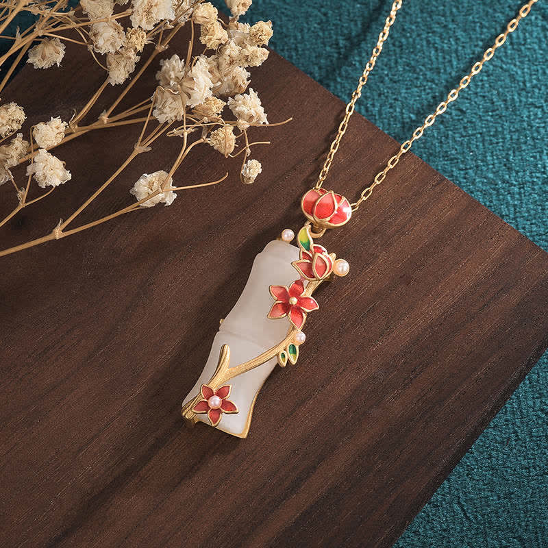 Buddha Stones White Jade Bamboo Lotus Flowers Luck Protection Necklace Pendant - image 3