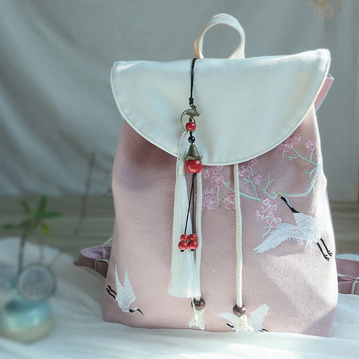 Buddha Stones Handmade Embroidered Large Capacity Canvas Backpack - Cherry White Crane - image 31