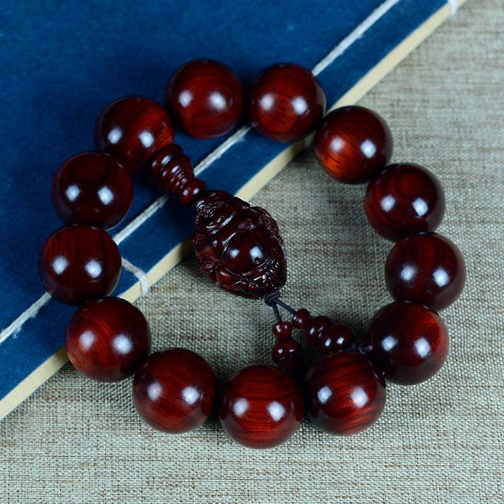 Buddha Stones Small Leaf Red Sandalwood Laughing Buddha God of Wealth Protection Bracelet