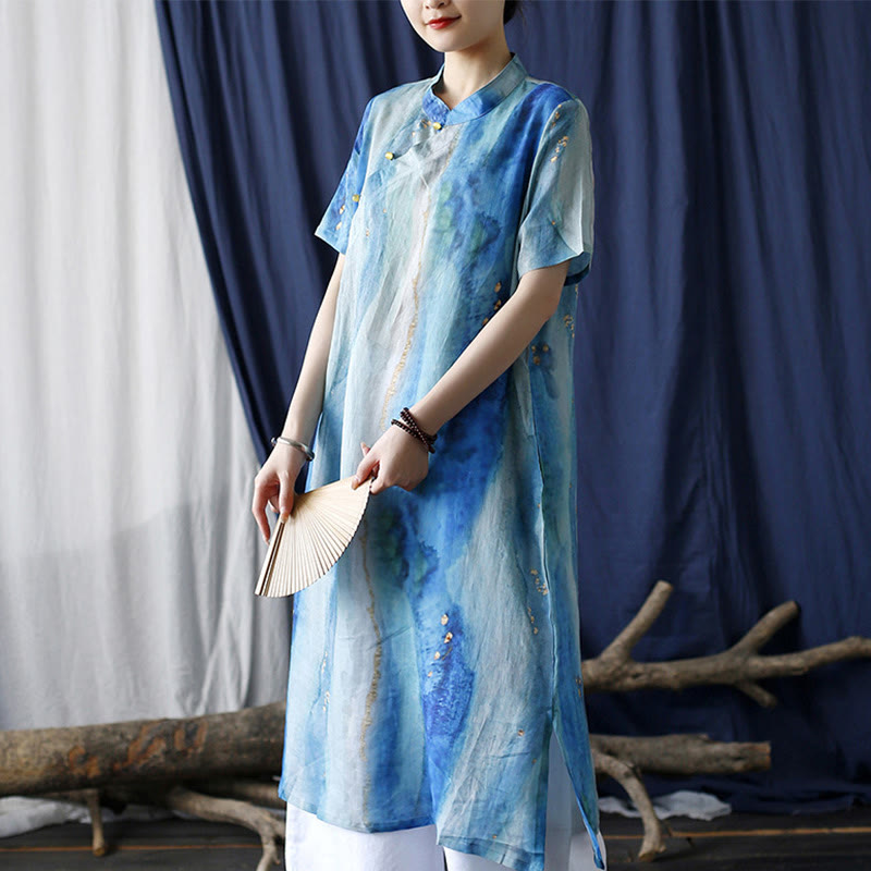 Buddha Stones Ramie Blue Digital Printing Cheongsam Dresses Short Sleeve Linen Dress