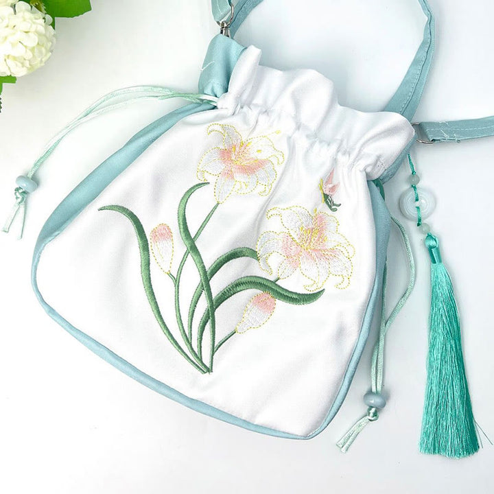 Buddha Stones Embroidered Flowers Wisteria Lily Cotton Linen Tote Crossbody Bag Shoulder Bag Handbag