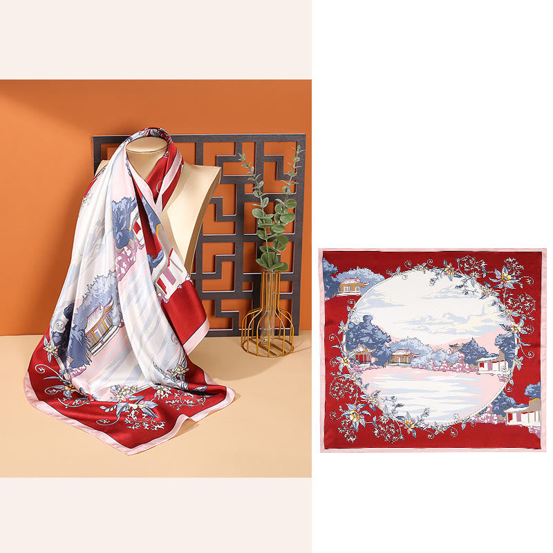 Buddha Stones Pastoral Scene Hot Air Balloon Spring Blossom 100% Mulberry Silk Neck Hair Scarf - Pastoral-Red - image 11