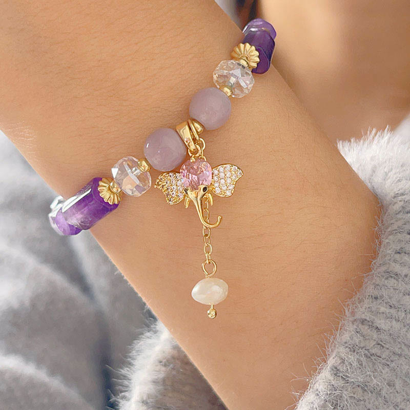 Buddha Stones Amethyst Green Aventurine Strawberry Quartz Positive Elephant Charm Bracelet