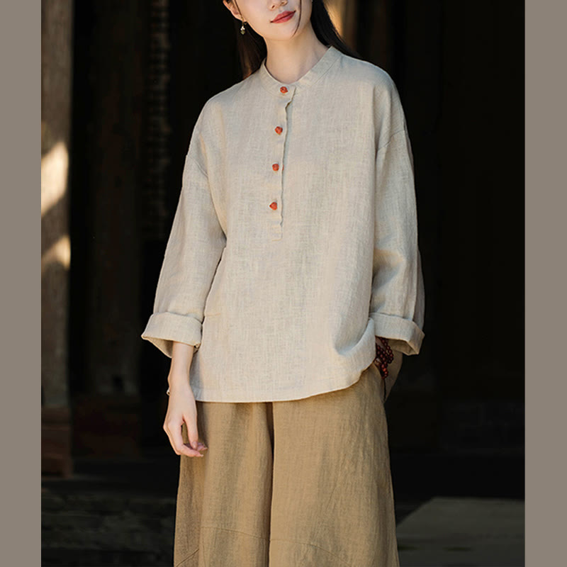 Buddha Stones Solid Color Loose Button Blouse Long Sleeve Shirt Top