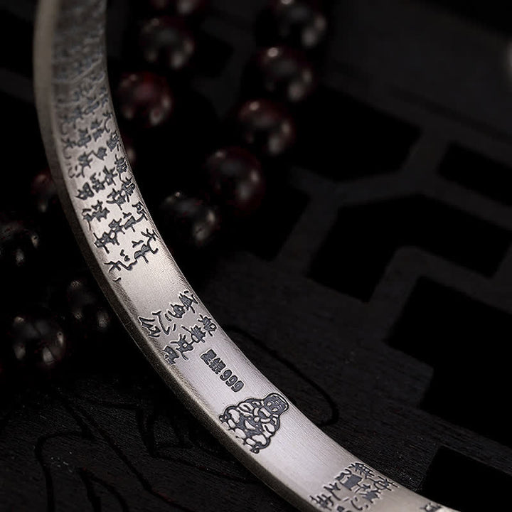999 Sterling Silver Six True Words Heart Sutra Protection Bracelet Bangle - image 10