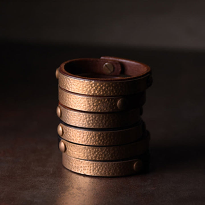 Buddha Stones Vintage Handmade Texture Copper Brass Leather Wealth Bracelet Bangle - image 11