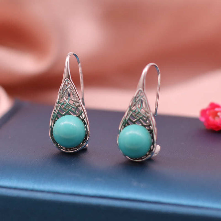 925 Sterling Silver Turquoise Beaded Pattern Protection Drop Dangle Earrings - image 3