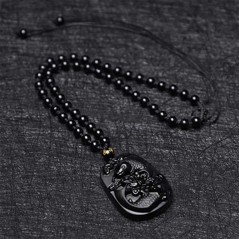 Buddha Stones Natural Black Obsidian Koi Fish Lotus Strength Beaded Necklace Pendant