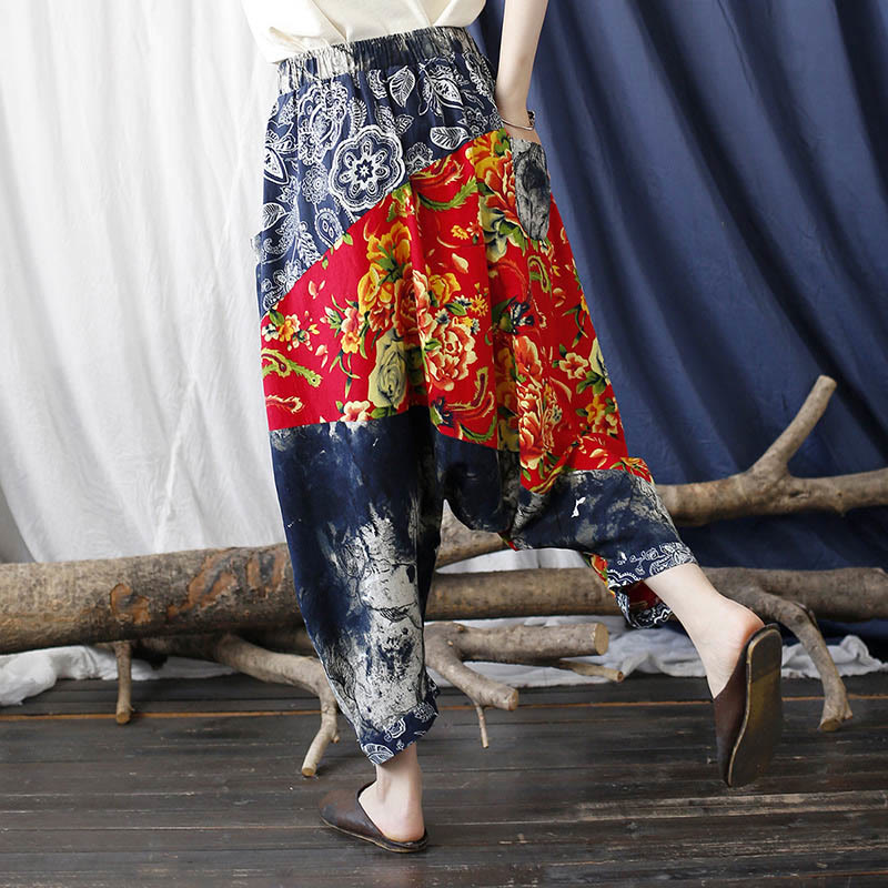 Buddha Stones Blue Red Peony Flowers Patchwork Cotton Linen Harem Pants With Pockets