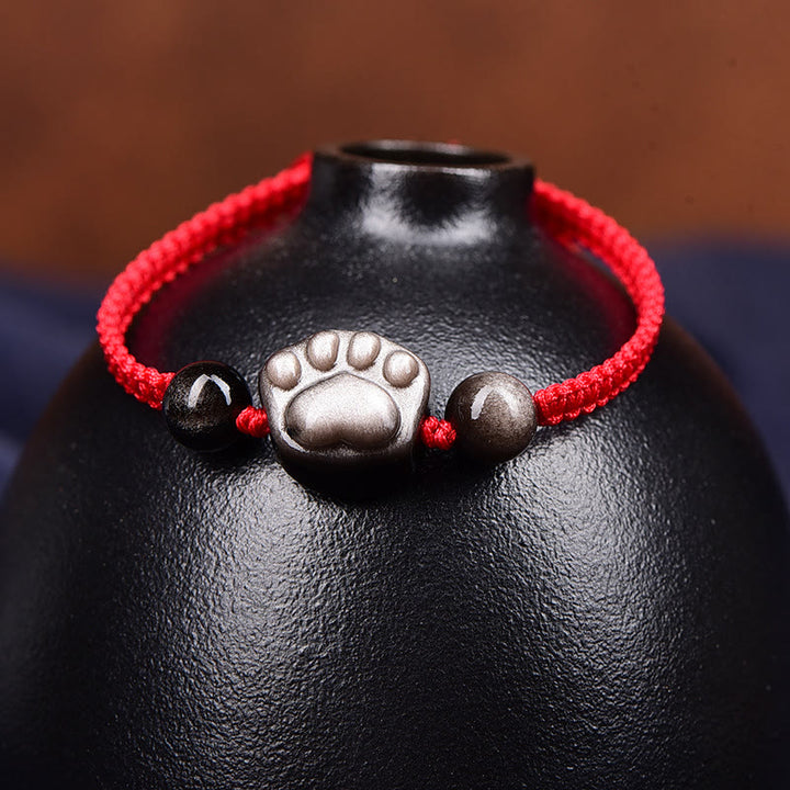 Buddha Stones Natural Silver Sheen Obsidian Gold Sheen Obsidian Cute Cat Paw Claw Protection Rope Bracelet - image 3