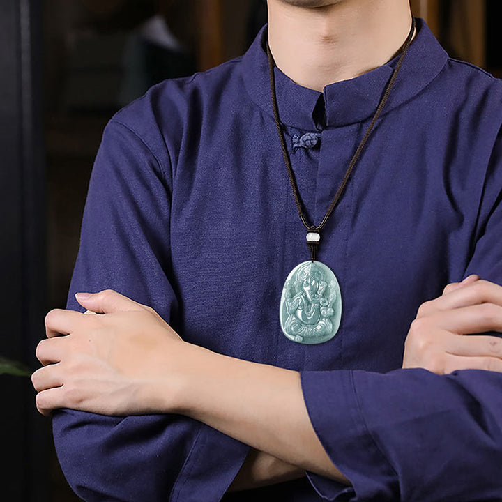 Buddha Stones Natural Jade Ganesh Ganpati Elephant Protection Amulet Necklace Pendant - image 4