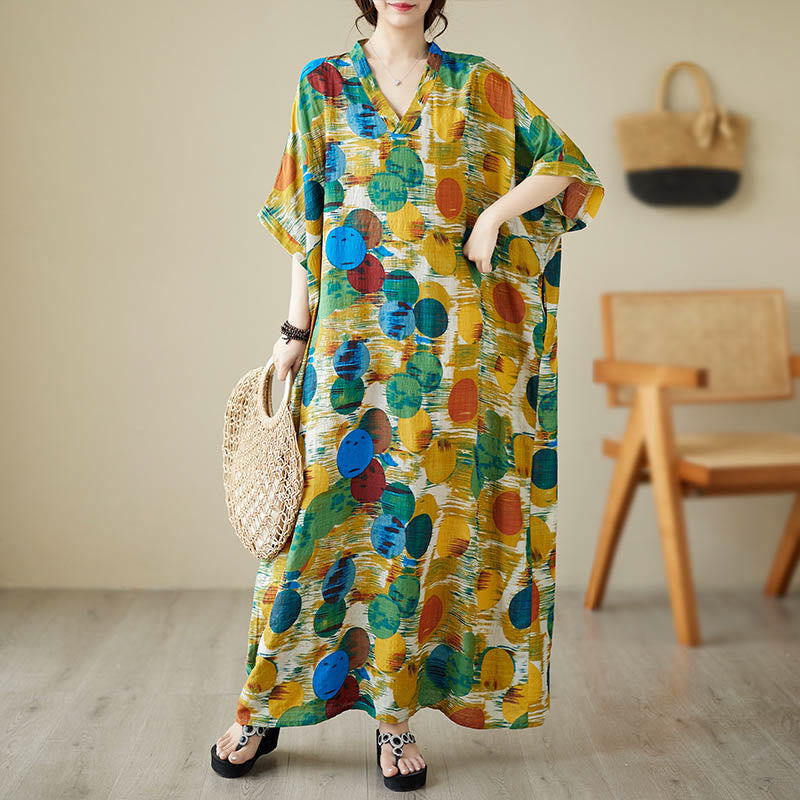 Buddha Stones Orange Blue Colorful Polka Dots Midi Dress Cotton Half Sleeve Dress With Pockets