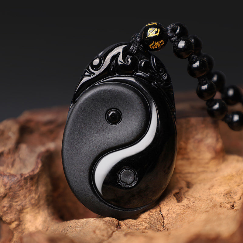 Buddha Stones Natural Black Obsidian Yin Yang Fulfilment Strength Necklace Pendant