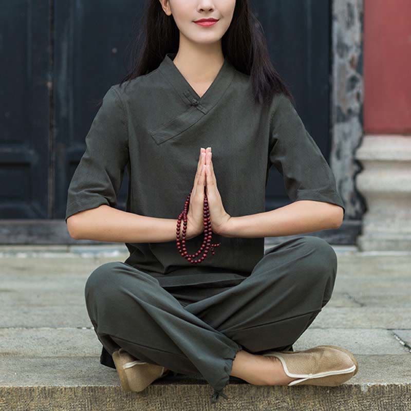 Buddha Stones 2Pcs Half Sleeve V-Neck Shirt Top Pants Meditation Zen Tai Chi Linen Clothing Women's Set