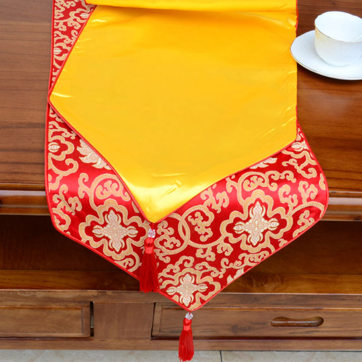 Prayer Altar Flower Vajra Dragon Pattern Tibetan Auspicious Symbols Tassels Jacquard Table Runner