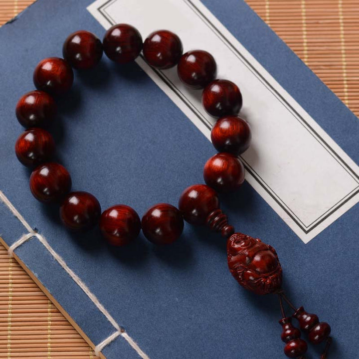 Buddha Stones Small Leaf Red Sandalwood Laughing Buddha God of Wealth Protection Bracelet