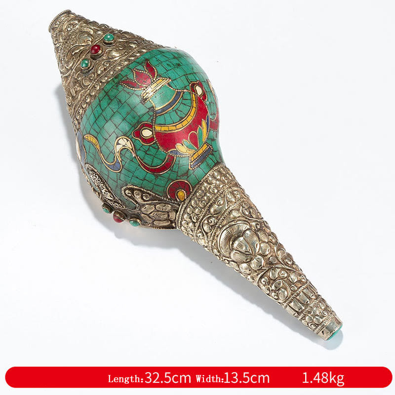 Tibetan Handmade Shankha Om Mani Padme Hum Buddha Avalokitesvara Turquoise Conch Shell Positive Decoration - Eight Auspicious Symbols-Vase 32.5*13.5cm - image 27