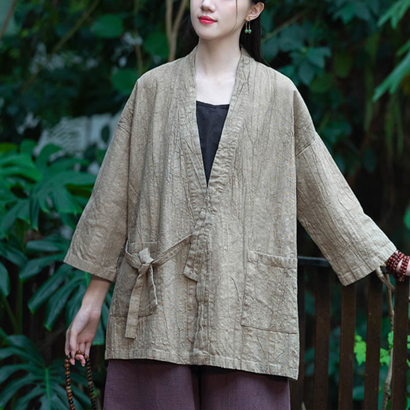 Buddha Stones Hanfu Design Three Quarter Sleeve Ramie Linen Coat Open Front Top Jacket