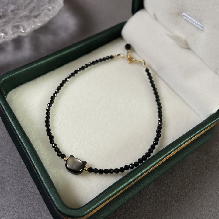 Buddha Stones 14K Gold Plated Black Spinel White Crystal Cute Cat Tridacna Stone Healing Bracelet - image 2