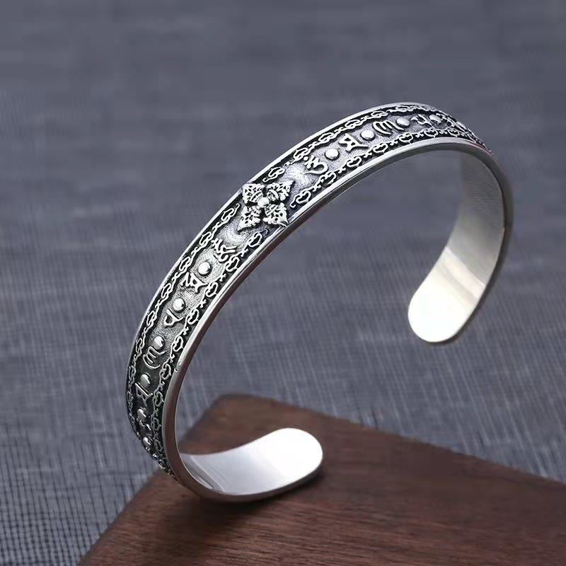 Buddha Stones 925 Sterling Silver Om Mani Padme Hum Double Dorje Engraved Wisdom Cuff Bracelet Bangle - image 2