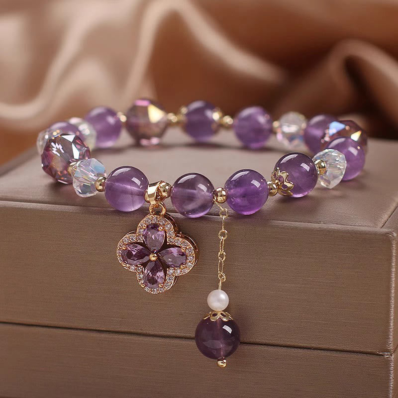 Buddha Stones Natural Amethyst Crystal Four Leaf Clover Spiritual Healing Bracelet