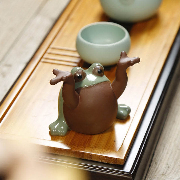 Buddha Stones FengShui Wealth Lucky Cute Frog Ceramic Tea Pet Figurine Decoration - Frog Arms Up 10.5*8.8cm - image 0