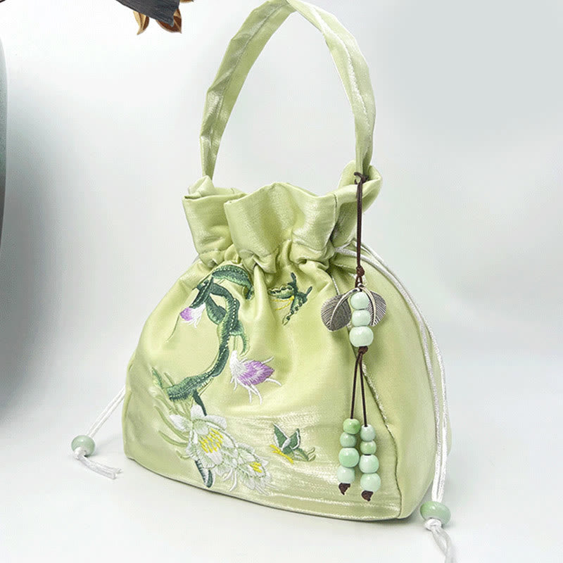 Buddha Stones Embroidered Flowers Wisteria Lily Cotton Linen Tote Crossbody Bag Shoulder Bag Handbag