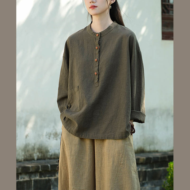 Buddha Stones Solid Color Loose Button Blouse Long Sleeve Shirt Top