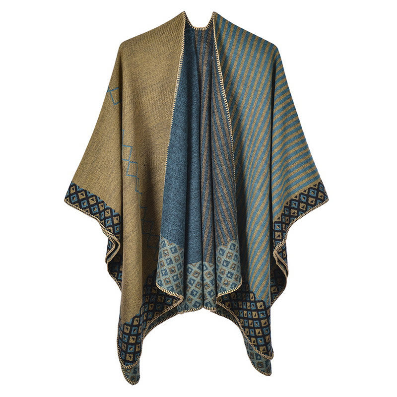 Tibetan Shawl Striped Diamond Pattern Winter Warm Soft Scarf - Yellow Blue - image 25