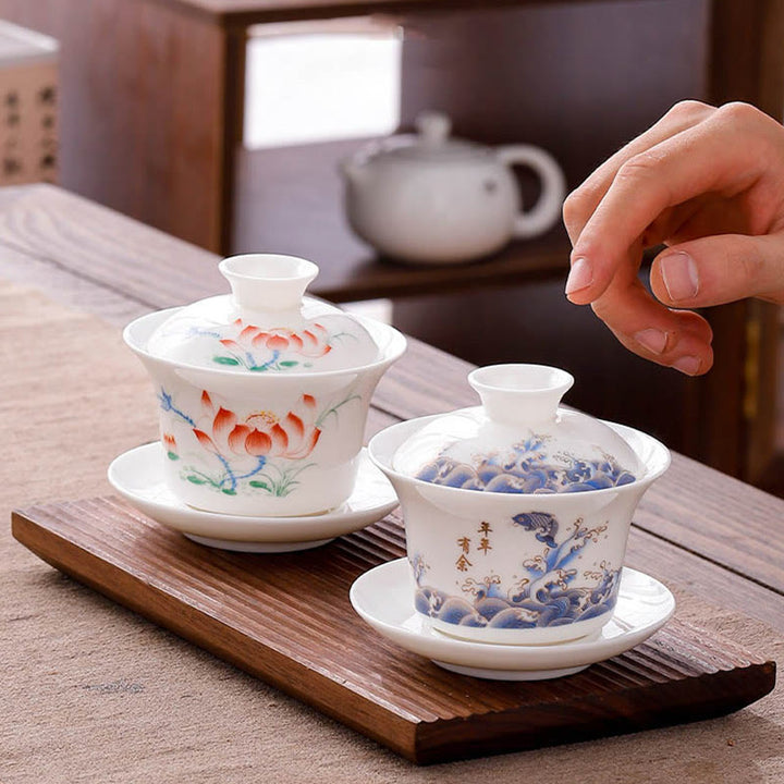 Buddha Stones White Porcelain Mountain Landscape Countryside Ceramic Gaiwan Teacup Kung Fu Tea Cup And Saucer With Lid