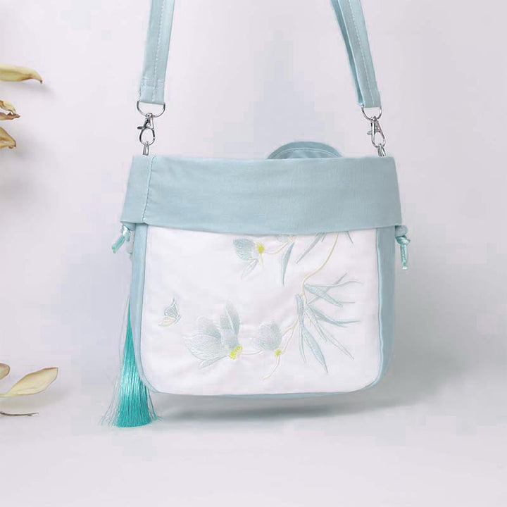 Buddha Stones Suzhou Embroidery Lotus Epiphyllum Magnolia Cotton Linen Tote Crossbody Bag Shoulder Bag Handbag