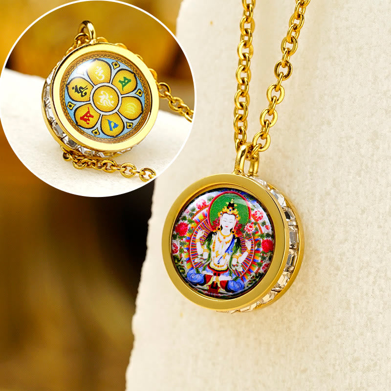 Buddha Stones Tibetan Yellow God Of Wealth Green Tara Buddha Serenity Titanium Steel Necklace Pendant - Front Four-Armed Avalokitesvara Back Om Mani Padme Hum - image 16