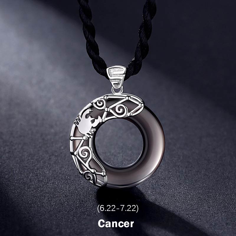 Buddha Stones 12 Constellations of the Zodiac Ice Obsidian Blessing Round Pendant Necklace - Cancer - Rope - image 6