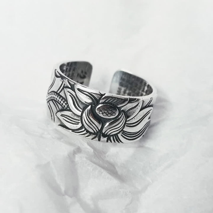 999 Sterling Silver Lotus Symbol Heart Sutra Protection Ring - 999 Sterling Silver - image 0