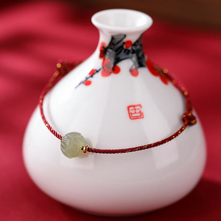 Buddha Stones 925 Sterling Silver Plated Gold Hetian Jade Lotus Luck Red String Bracelet - Large Jade Lotus 7*10mm(Bracelet Size 22cm) - image 4