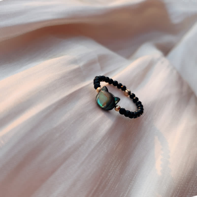 Buddha Stones Natural Tridacna Stone Lovely Cat 14K Gold Blessing Ring - Black - image 1
