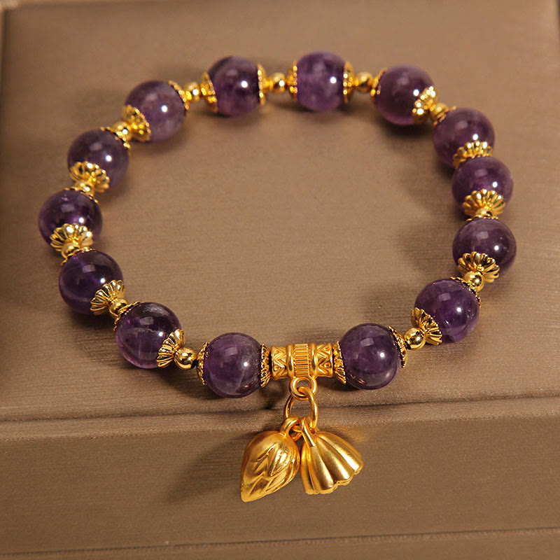 Buddha Stones Natural Amethyst Lotus Healing Spiritual Bracelet