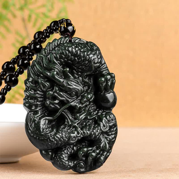 Hetian Cyan Jade Dragon Success Harmony Necklace Beaded String Pendant - image 6